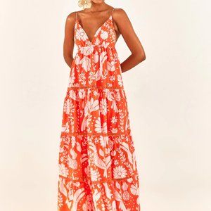 NWT Farm Rio Orange Jungle Maxi Neon Print Dress Long S